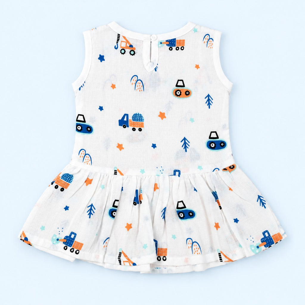 Cotton Muslin Baby Frock - Crane Crew Print | Button Closure | 0-3 Months