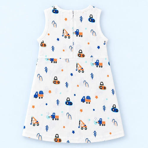 Cotton Muslin Baby Frock - Crane Crew Print | Zipper Closure | 12-24 Months