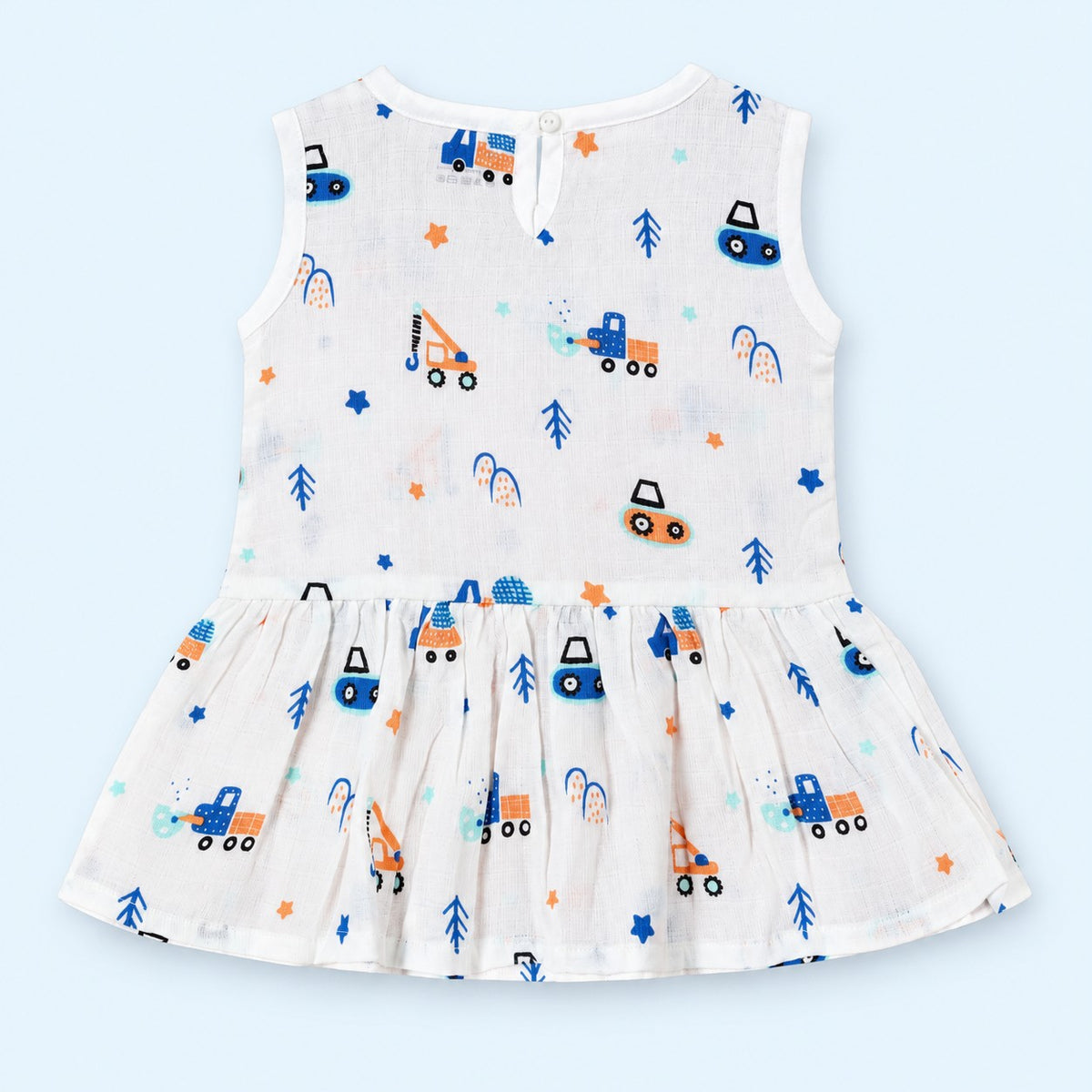 Cotton Muslin Baby Frock - Crane Crew Print | Button Closure | 6-12 Months