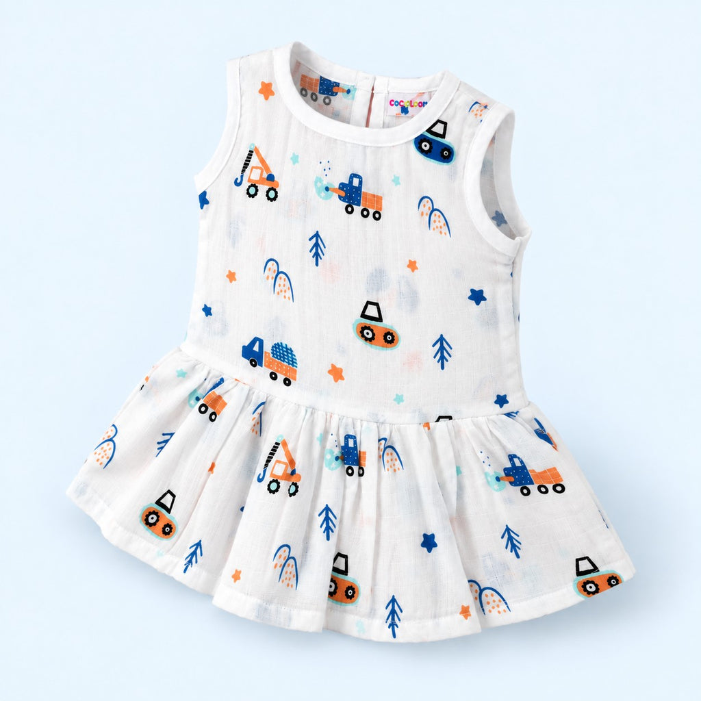 Cotton Muslin Baby Frock - Crane Crew Print | Button Closure | 0-3 Months