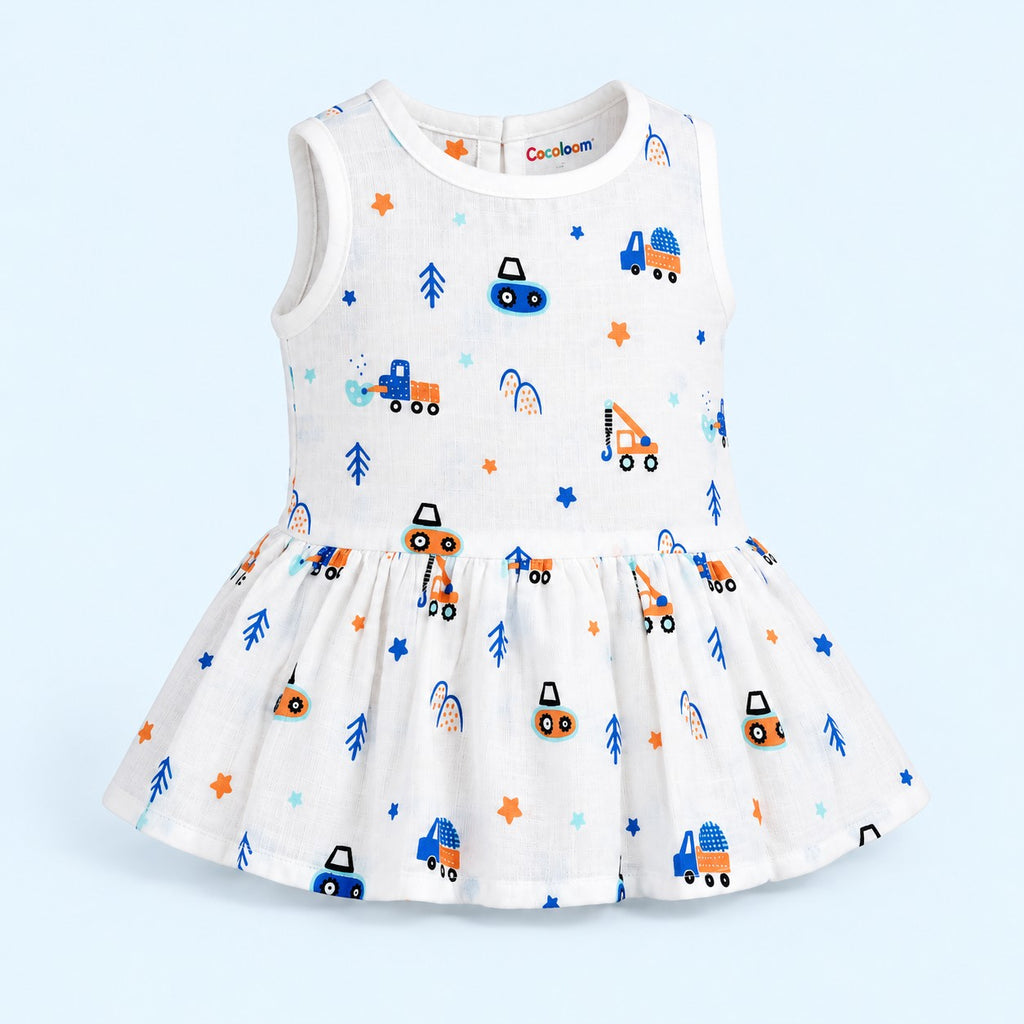 Cotton Muslin Baby Frock - Crane Crew Print | Button Closure | 6-12 Months