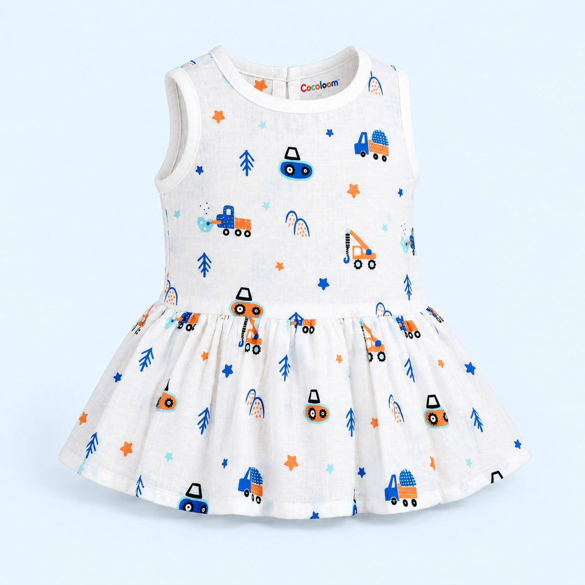 Cotton Muslin Baby Frock - Crane Crew Print | Button Closure | 6-12 Months