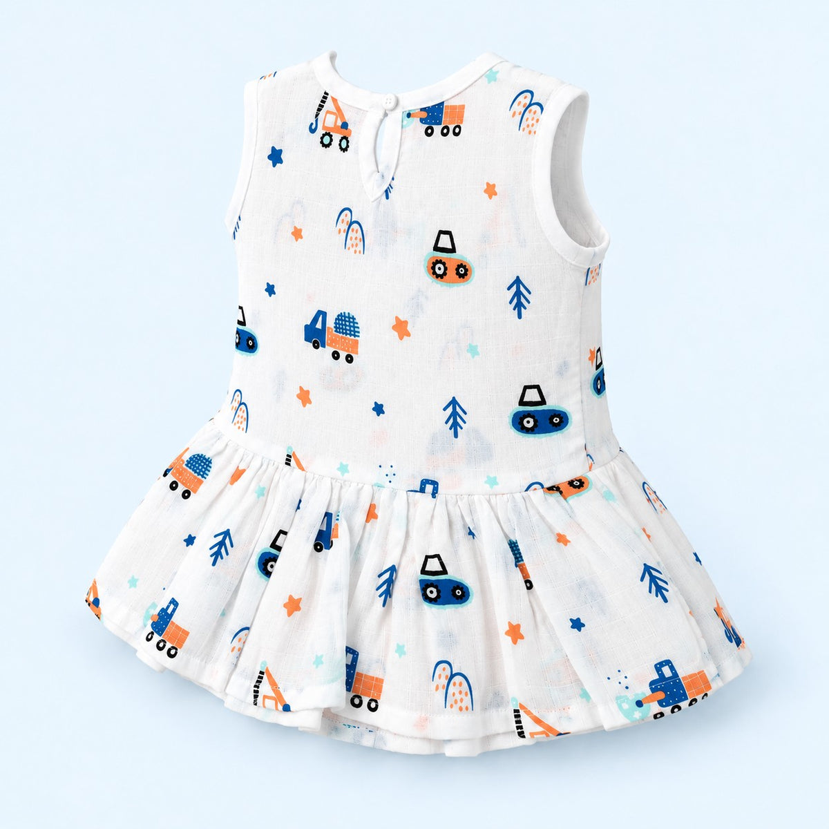 Cotton Muslin Baby Frock - Crane Crew Print | Button Closure | 0-3 Months