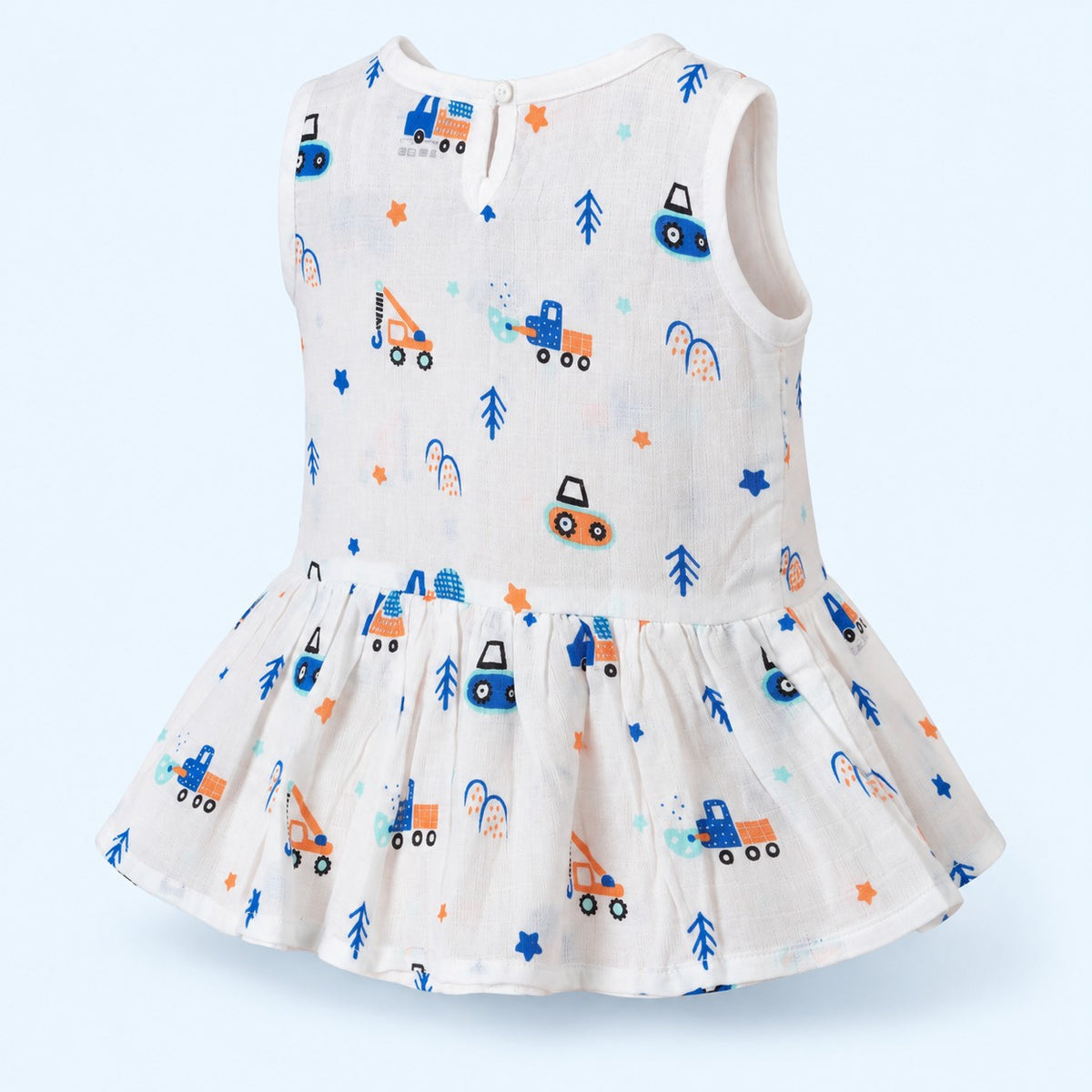 Cotton Muslin Baby Frock - Crane Crew Print | Button Closure | 6-12 Months