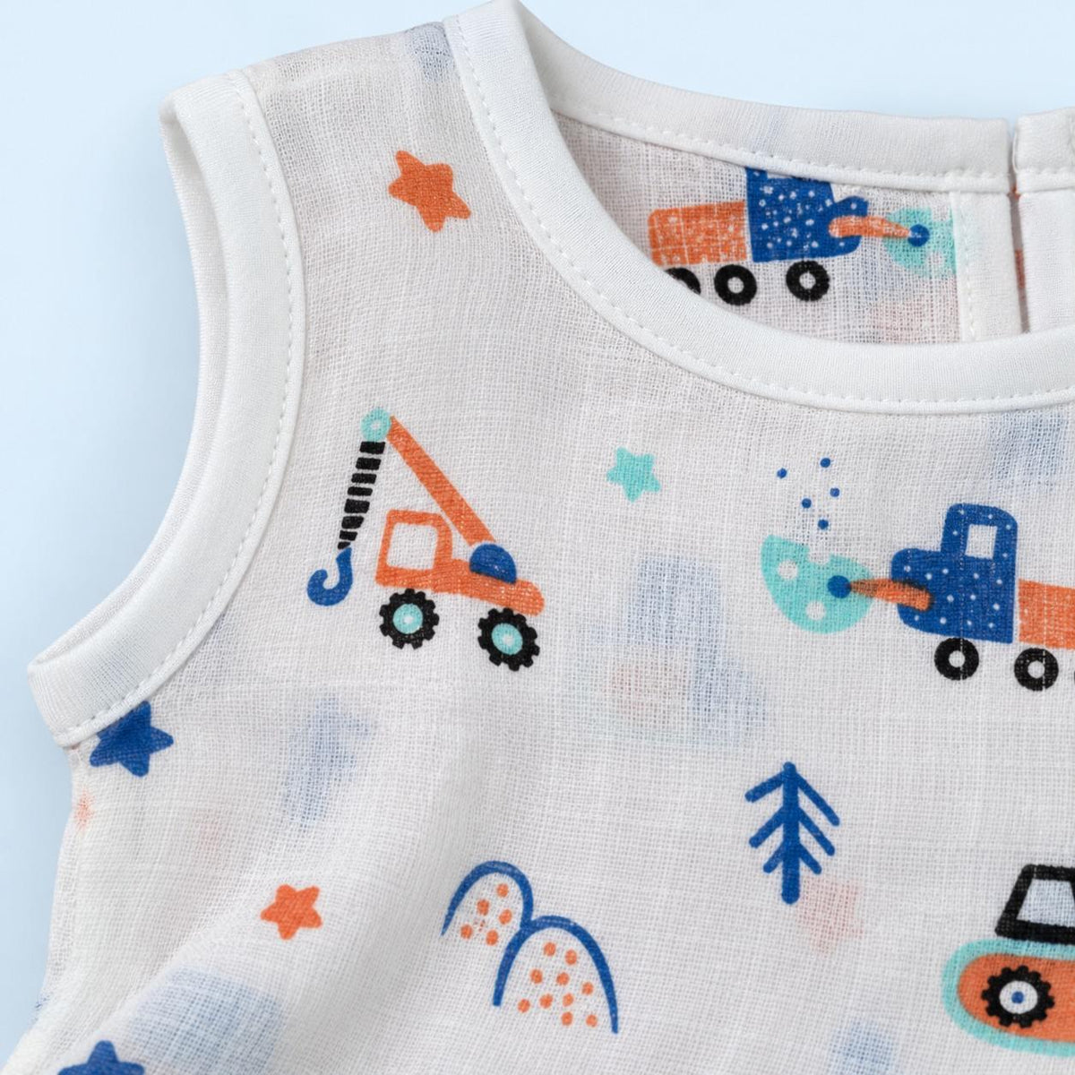 Cotton Muslin Baby Frock - Crane Crew Print | Button Closure | 0-3 Months