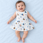 Cotton Muslin Baby Frock - Crane Crew Print | Button Closure | 0-3 Months