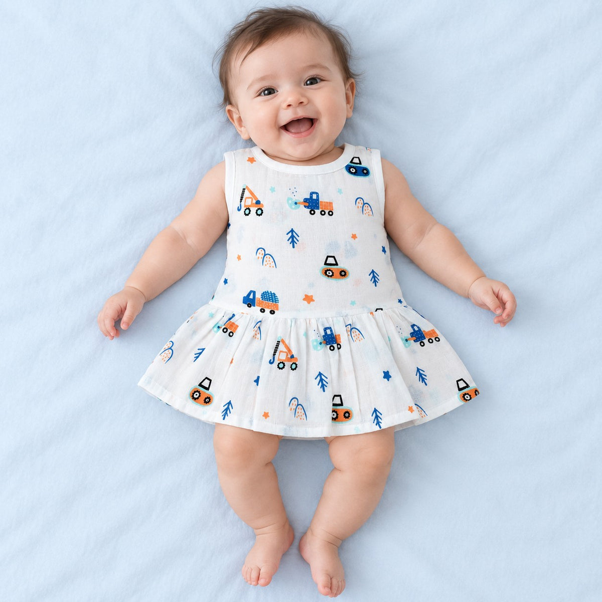 Cotton Muslin Baby Frock - Crane Crew Print | Button Closure | 0-3 Months