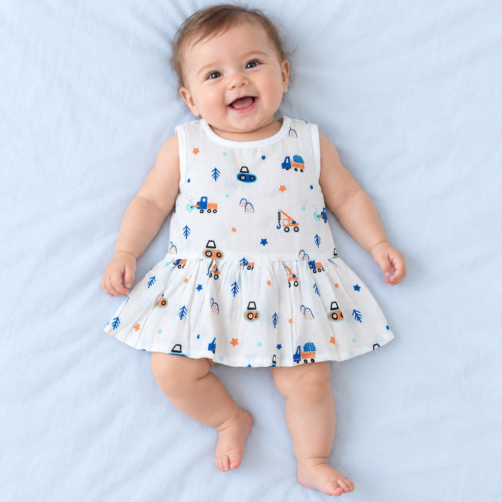 Cotton Muslin Baby Frock - Crane Crew Print | Button Closure | 6-12 Months