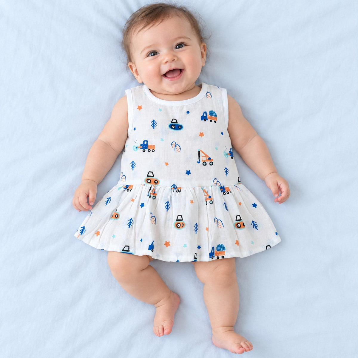 Cotton Muslin Baby Frock - Crane Crew Print | Button Closure | 6-12 Months