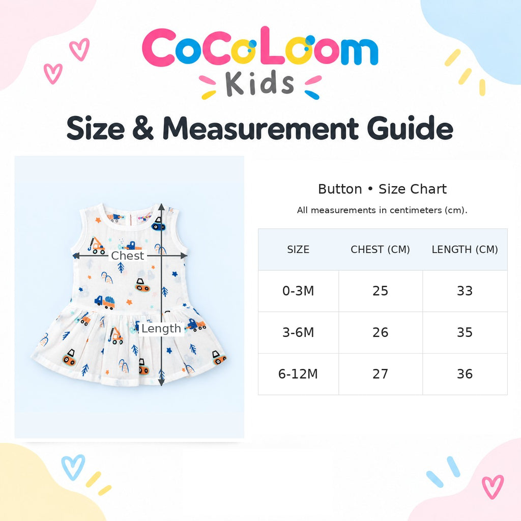 Cotton Muslin Baby Frock - Crane Crew Print | Button Closure | 0-3 Months