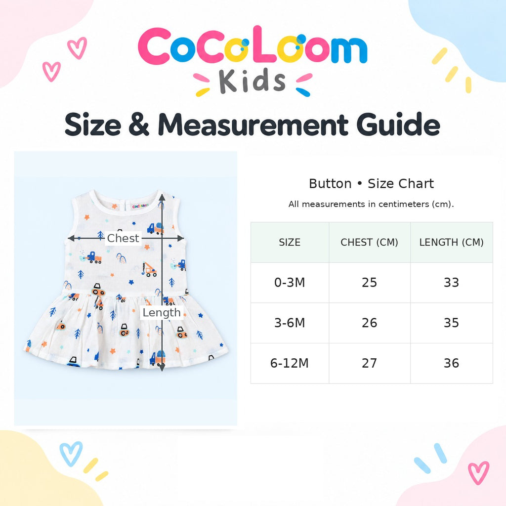 Cotton Muslin Baby Frock - Crane Crew Print | Button Closure | 6-12 Months