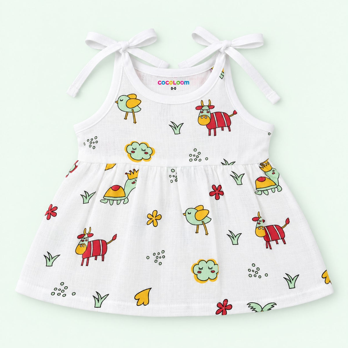 Cotton Muslin Knot Baby Frock - Farm Buddies Print | New Born