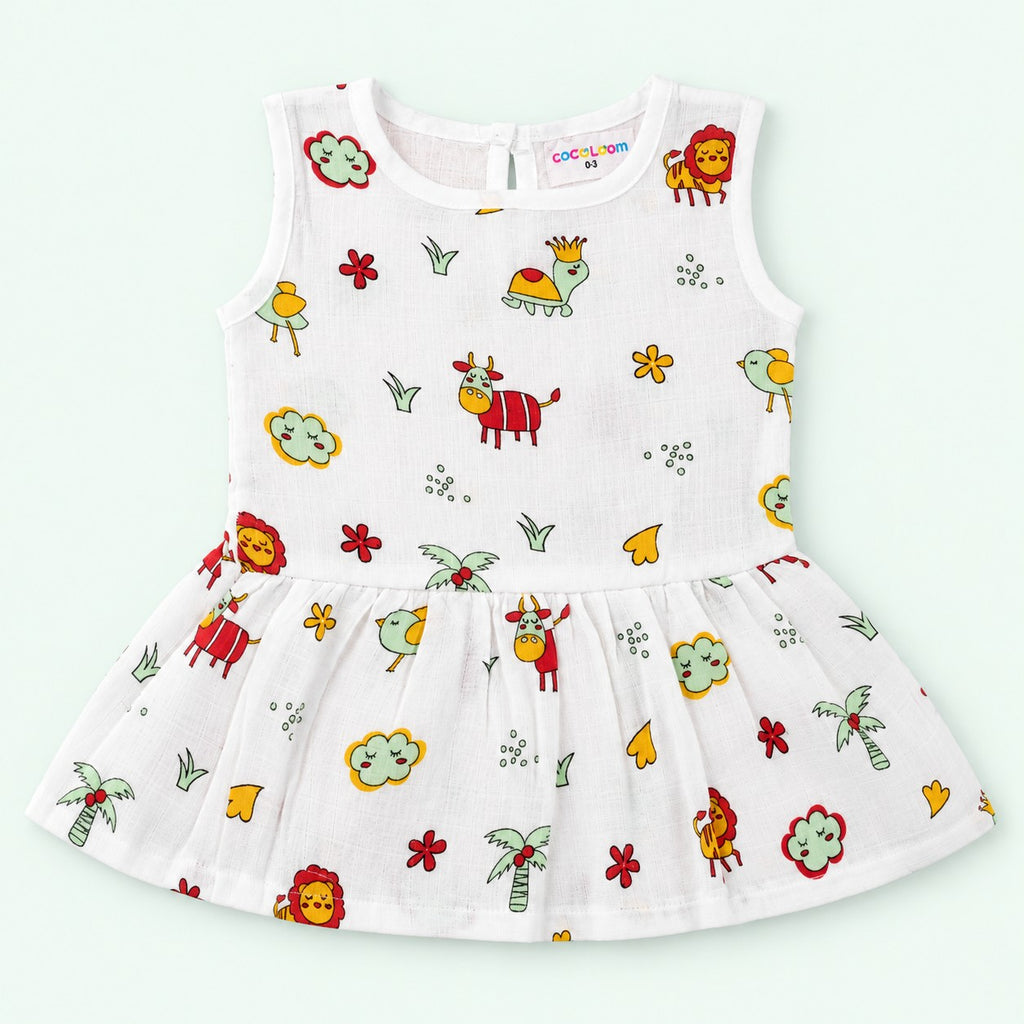 Cotton Muslin Baby Frock - Farm Buddies | Button Closure | 0-3 Months