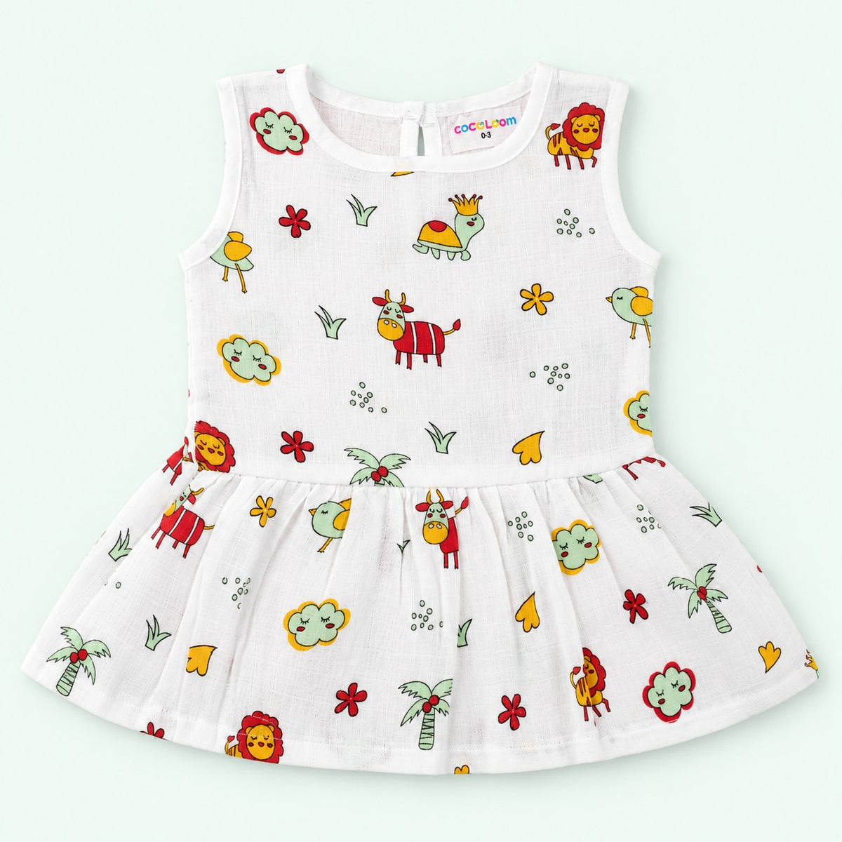 Cotton Muslin Baby Frock - Farm Buddies | Button Closure | 0-3 Months