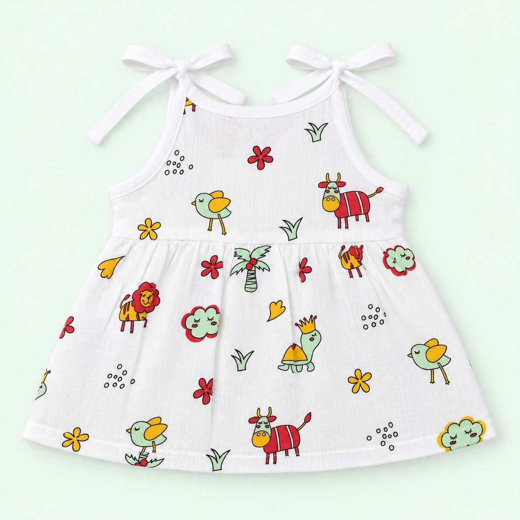 Cotton Muslin Knot Baby Frock - Farm Buddies Print | New Born