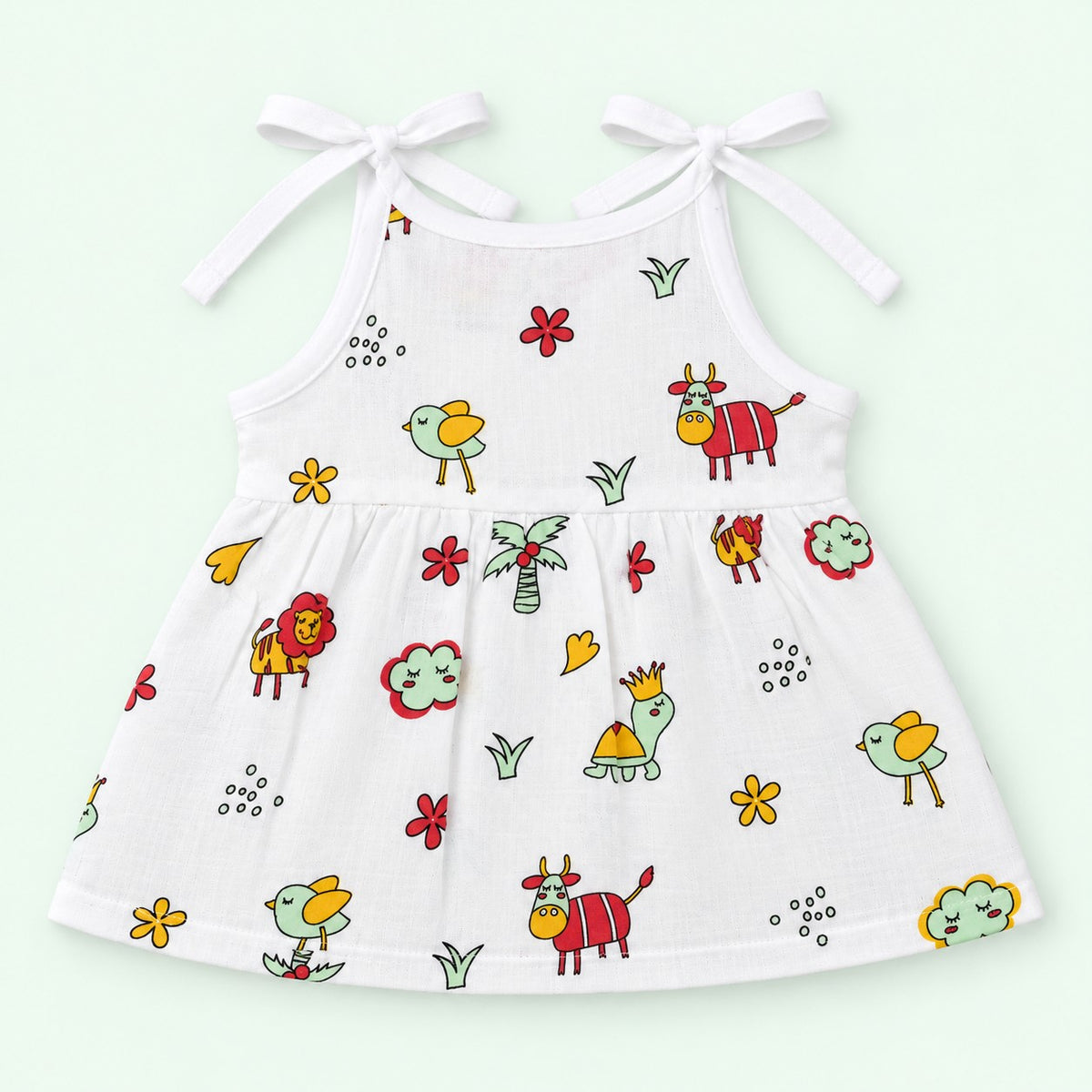 Cotton Muslin Knot Baby Frock - Farm Buddies Print | New Born
