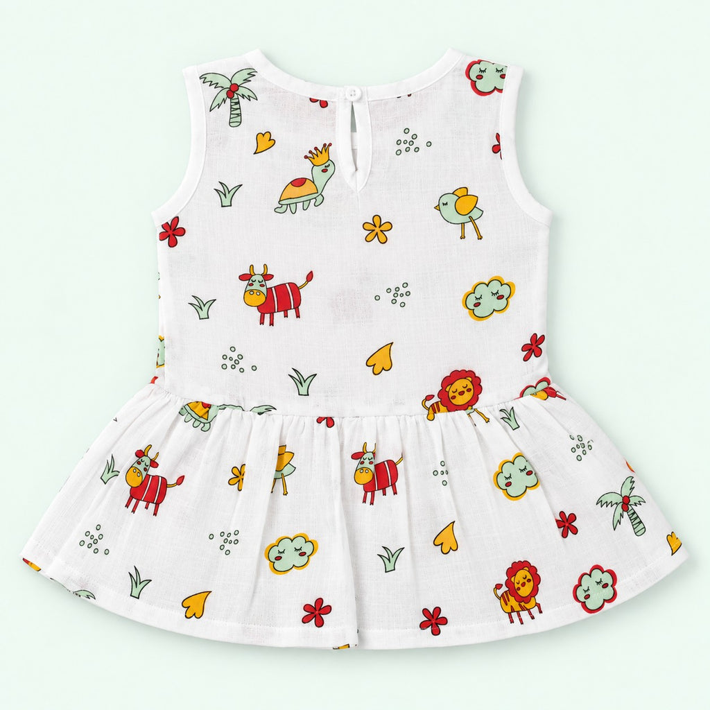 Cotton Muslin Baby Frock - Farm Buddies | Button Closure | 0-3 Months