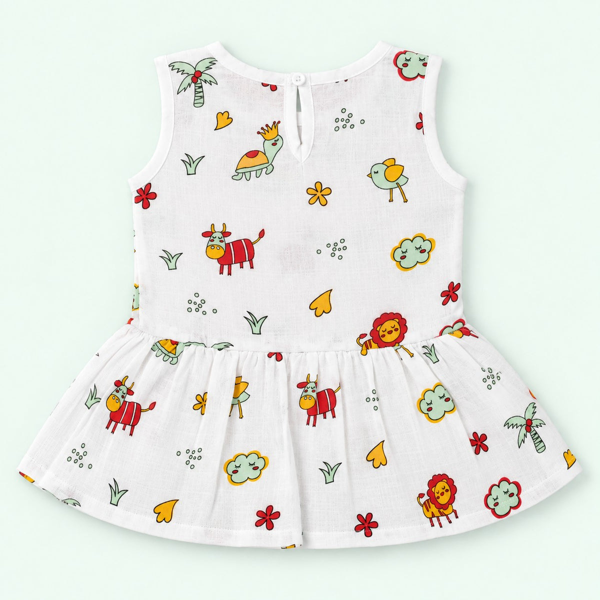 Cotton Muslin Baby Frock - Farm Buddies | Button Closure | 0-3 Months