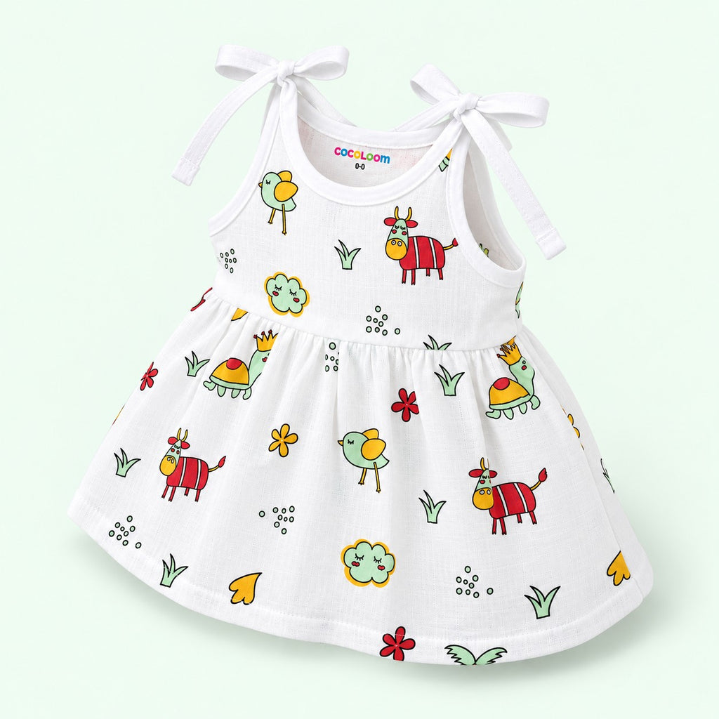Cotton Muslin Knot Baby Frock - Farm Buddies Print | New Born