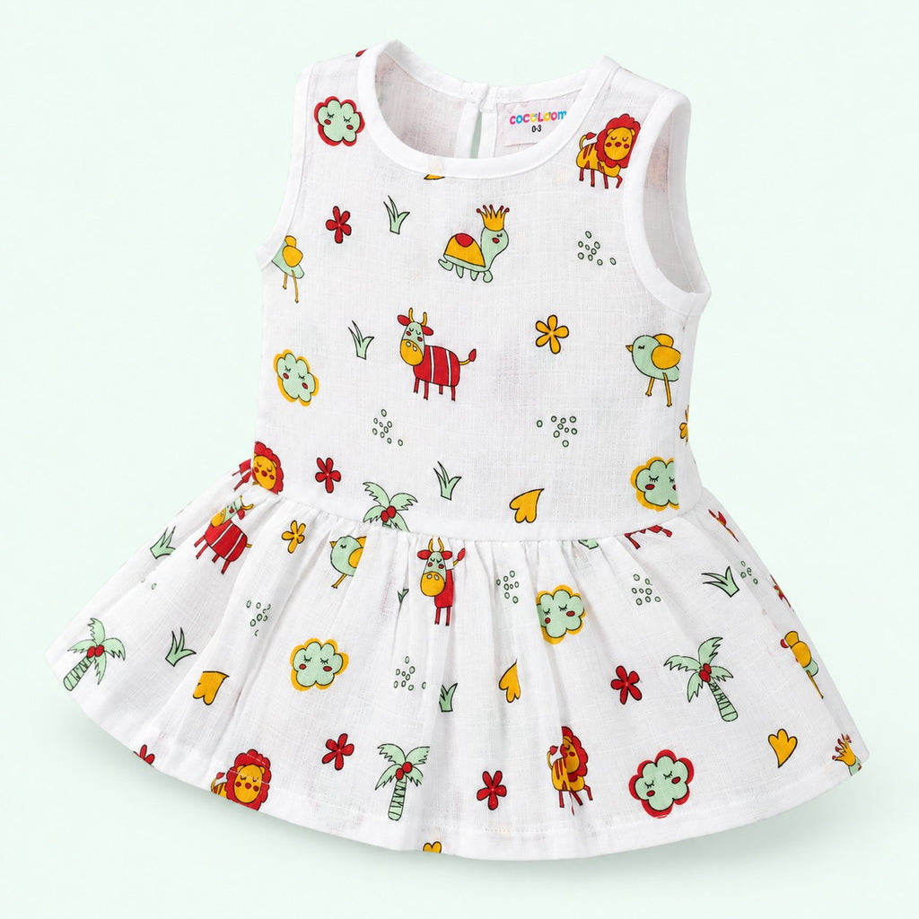 Cotton Muslin Baby Frock - Farm Buddies | Button Closure | 0-3 Months