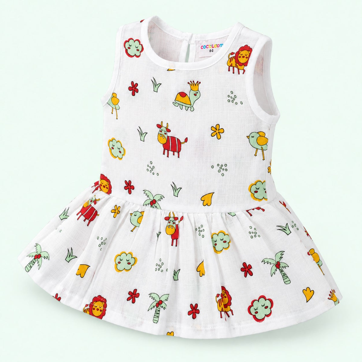 Cotton Muslin Baby Frock - Farm Buddies | Button Closure | 0-3 Months