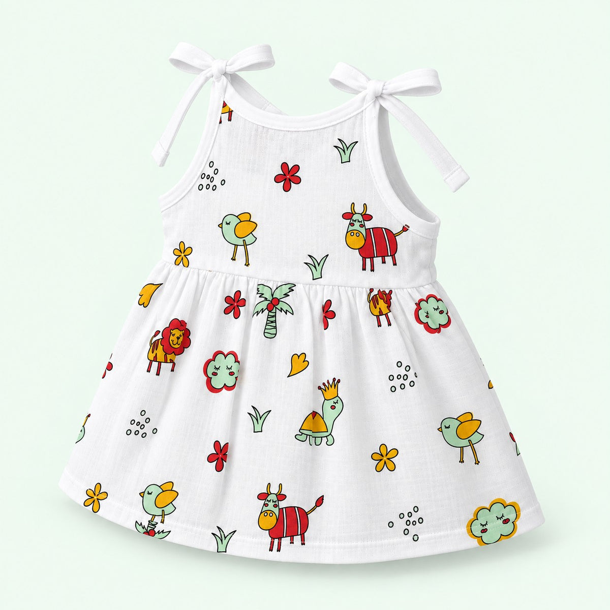 Cotton Muslin Knot Baby Frock - Farm Buddies Print | New Born
