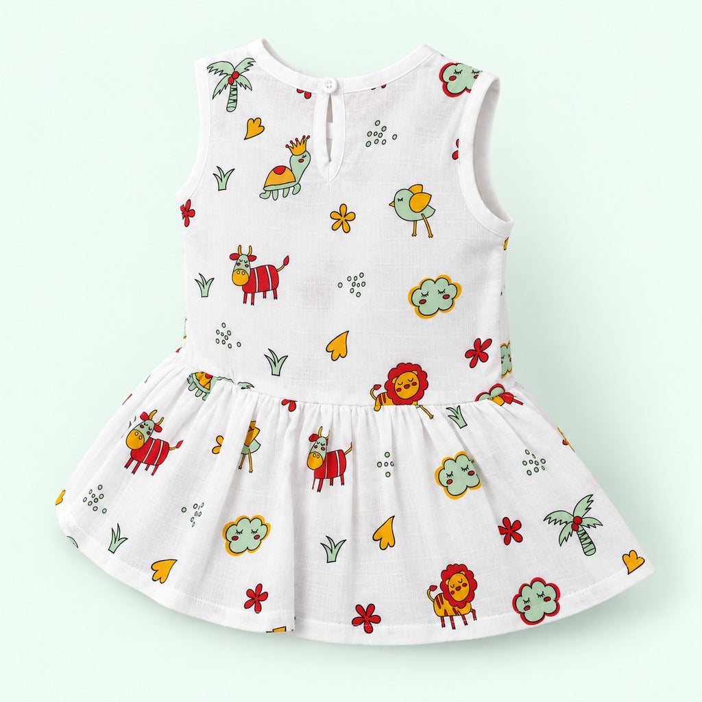 Cotton Muslin Baby Frock - Farm Buddies | Button Closure | 0-3 Months