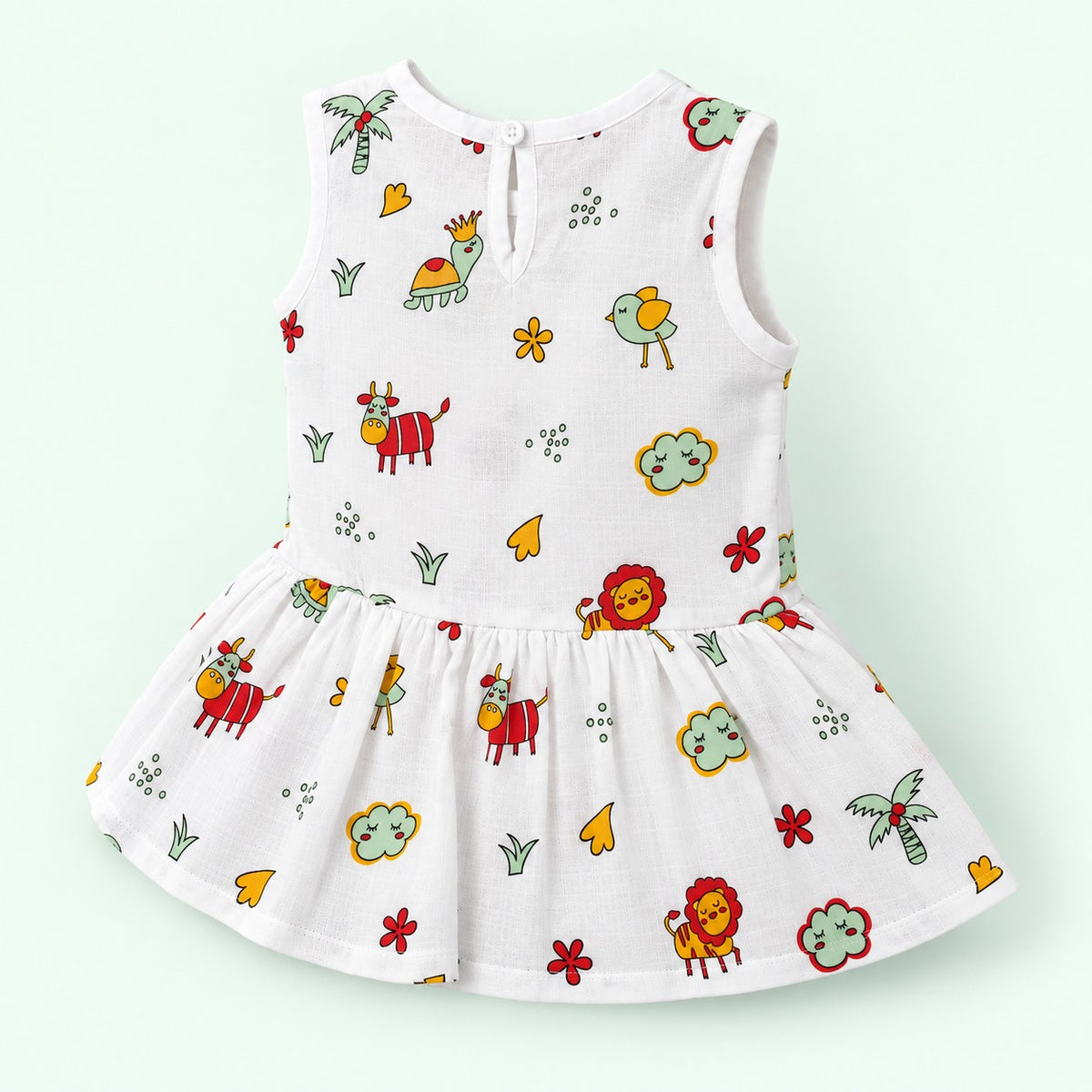 Cotton Muslin Baby Frock - Farm Buddies | Button Closure | 0-3 Months