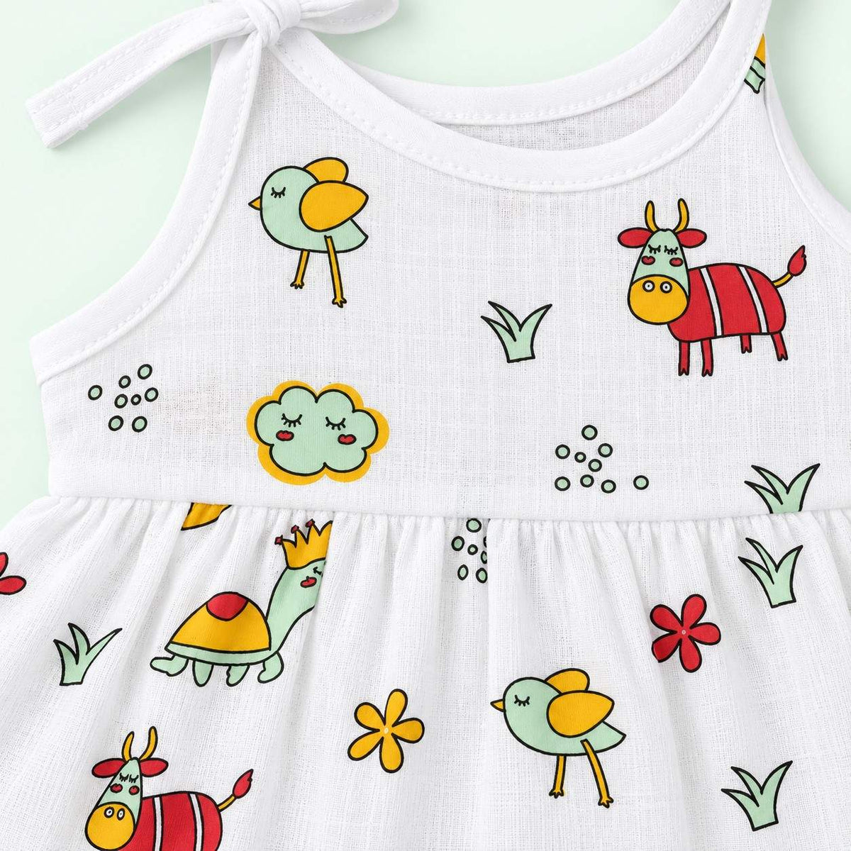 Cotton Muslin Knot Baby Frock - Farm Buddies Print | New Born