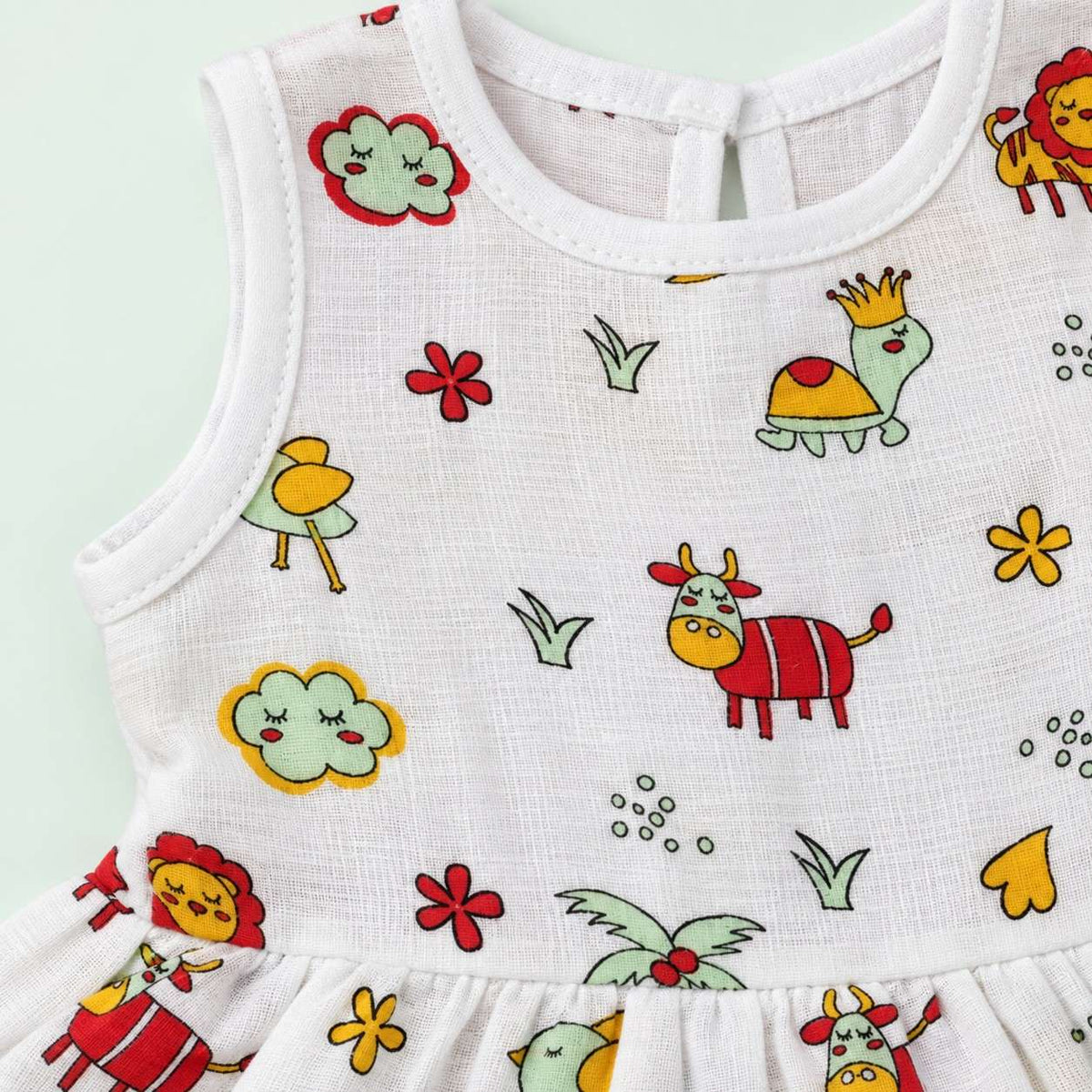 Cotton Muslin Baby Frock - Farm Buddies | Button Closure | 0-3 Months
