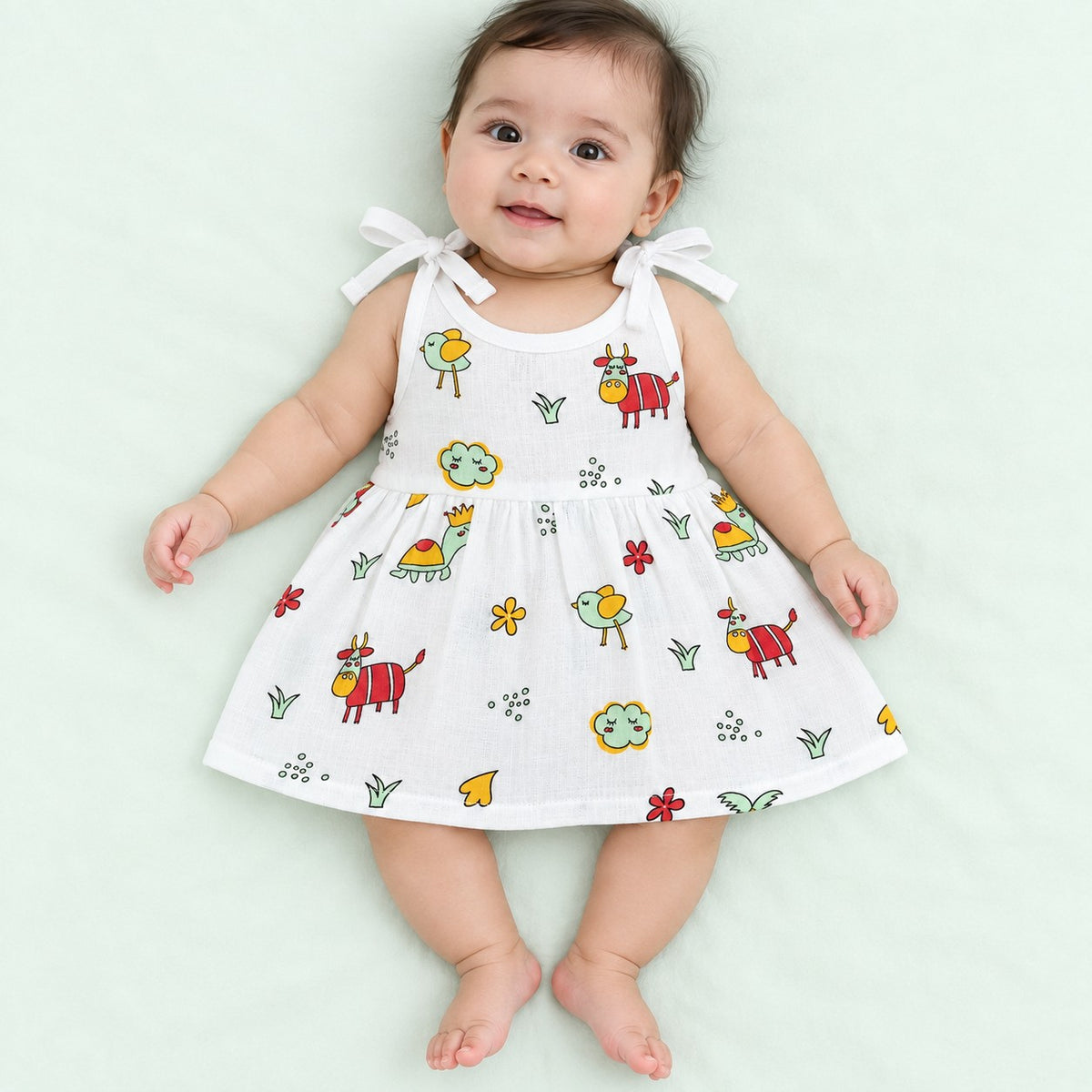 Cotton Muslin Knot Baby Frock - Farm Buddies Print | New Born