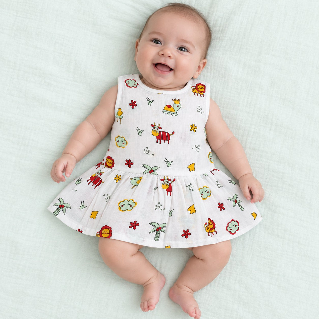 Cotton Muslin Baby Frock - Farm Buddies | Button Closure | 0-3 Months