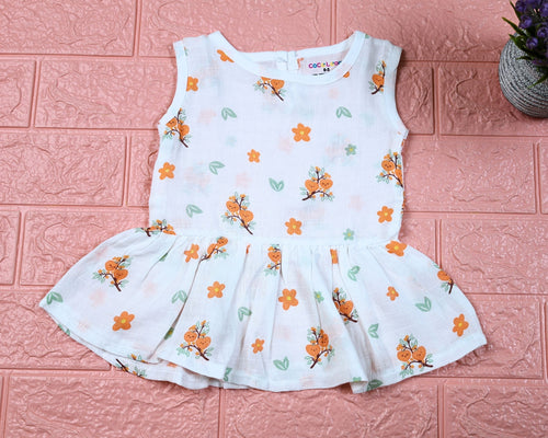 Citrus Bloom Baby sleeveless frock in white with button, printed with orange floral patterns