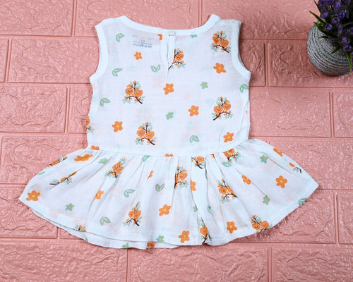 Citrus Bloom Baby sleeveless frock in white with button, printed with orange floral patterns