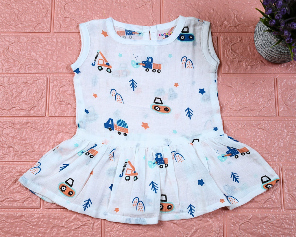 Crane Crew baby sleeveless frock in white with button, printed with construction equipment vehicle pattern
