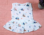 Crane Crew baby sleeveless frock in white with button, printed with construction equipment vehicle pattern