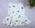 Crane Crew baby sleeveless frock in white with button, printed with construction equipment vehicle pattern
