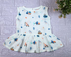 Crane Crew baby sleeveless frock in white with button, printed with construction equipment vehicle pattern