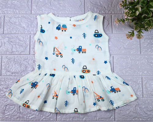 Crane Crew baby sleeveless frock in white with button, printed with construction equipment vehicle pattern
