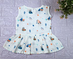 Crane Crew baby sleeveless frock in white with button, printed with construction equipment vehicle pattern