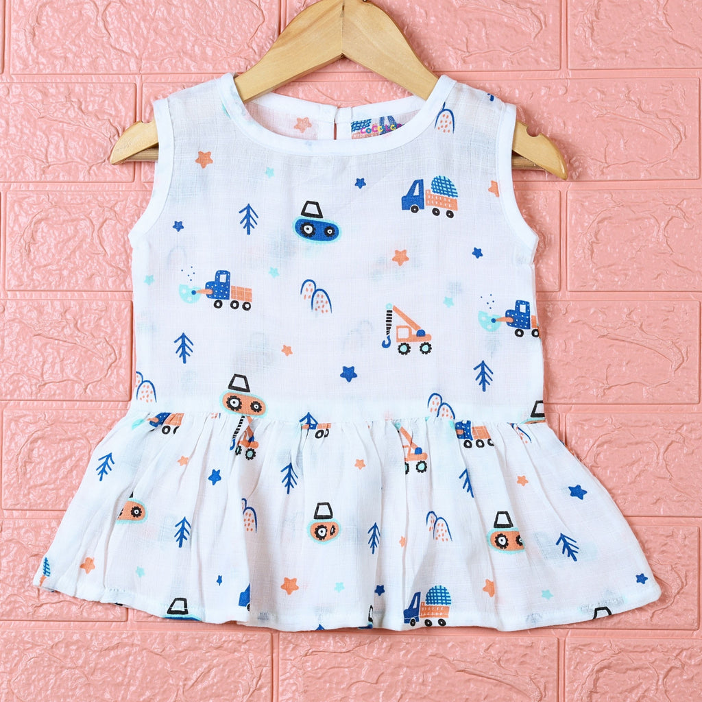 Crane Crew baby sleeveless frock in white with button, printed with construction equipment vehicle pattern