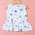 Crane Crew baby sleeveless frock in white with button, printed with construction equipment vehicle pattern