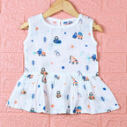 Crane Crew baby sleeveless frock in white with button, printed with construction equipment vehicle pattern