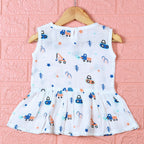Crane Crew baby sleeveless frock in white with button, printed with construction equipment vehicle pattern