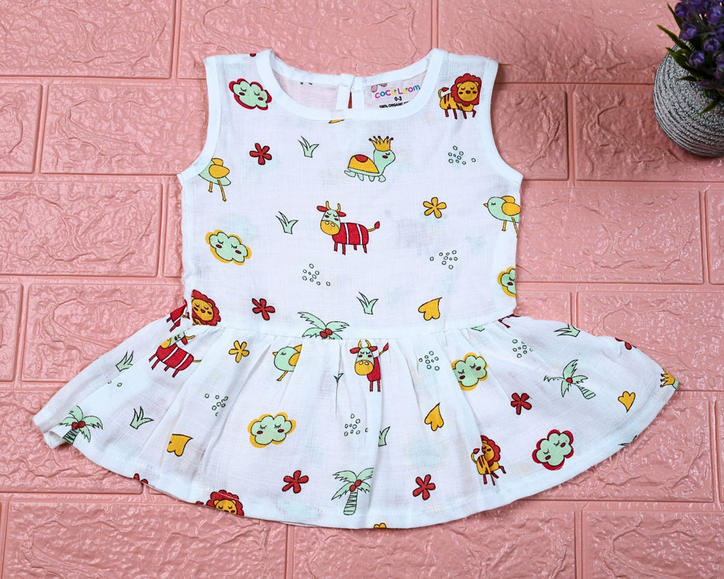 Farm Buddies baby sleeveless frock in white with snap buttons, printed with birds and animals pattern