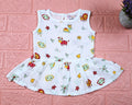Farm Buddies baby sleeveless frock in white with snap buttons, printed with birds and animals pattern