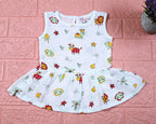 Farm Buddies baby sleeveless frock in white with snap buttons, printed with birds and animals pattern