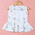 Frosty Forest Baby sleeveless frock in white with button, printed with animal prints