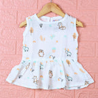 Frosty Forest Baby sleeveless frock in white with button, printed with animal prints