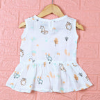 Frosty Forest Baby sleeveless frock in white with button, printed with animal prints
